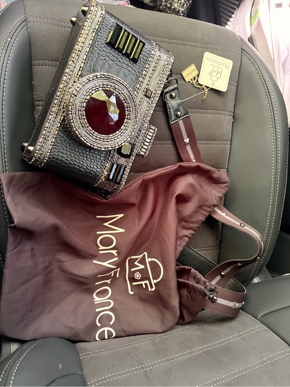 Mary Frances Burgundy and Black Embellished Camera Crossbody Bag